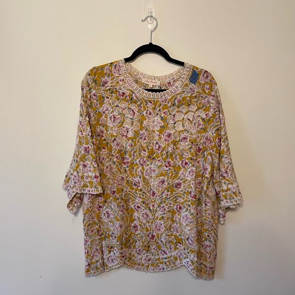 SOLITAIRE M plus 3/4 sleeve blouse bohemian floral multicolor rose embroidered - Picture 1 of 7